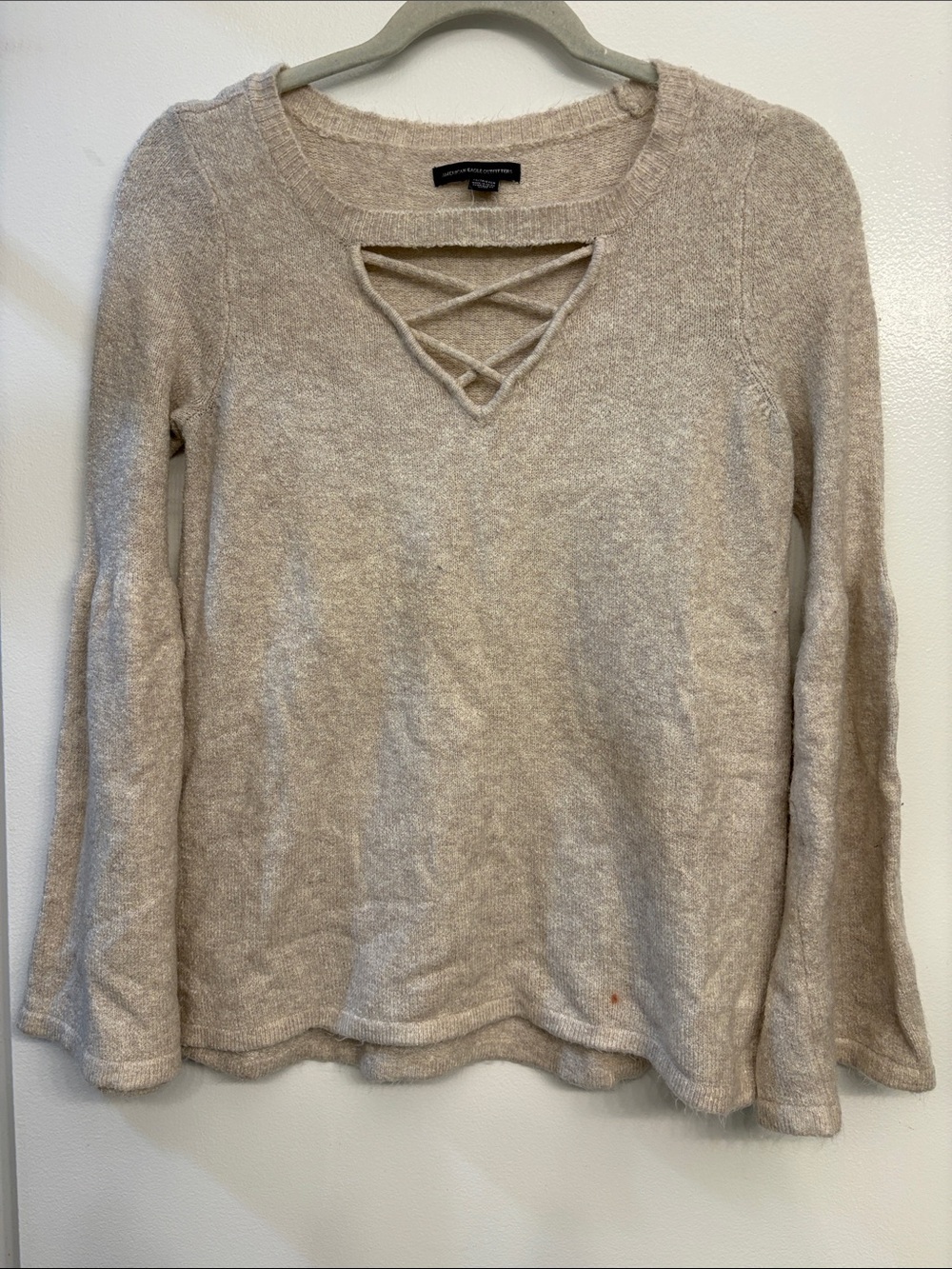 American Eagle Outfitters Cream Lace-Up V-Neck Sweater